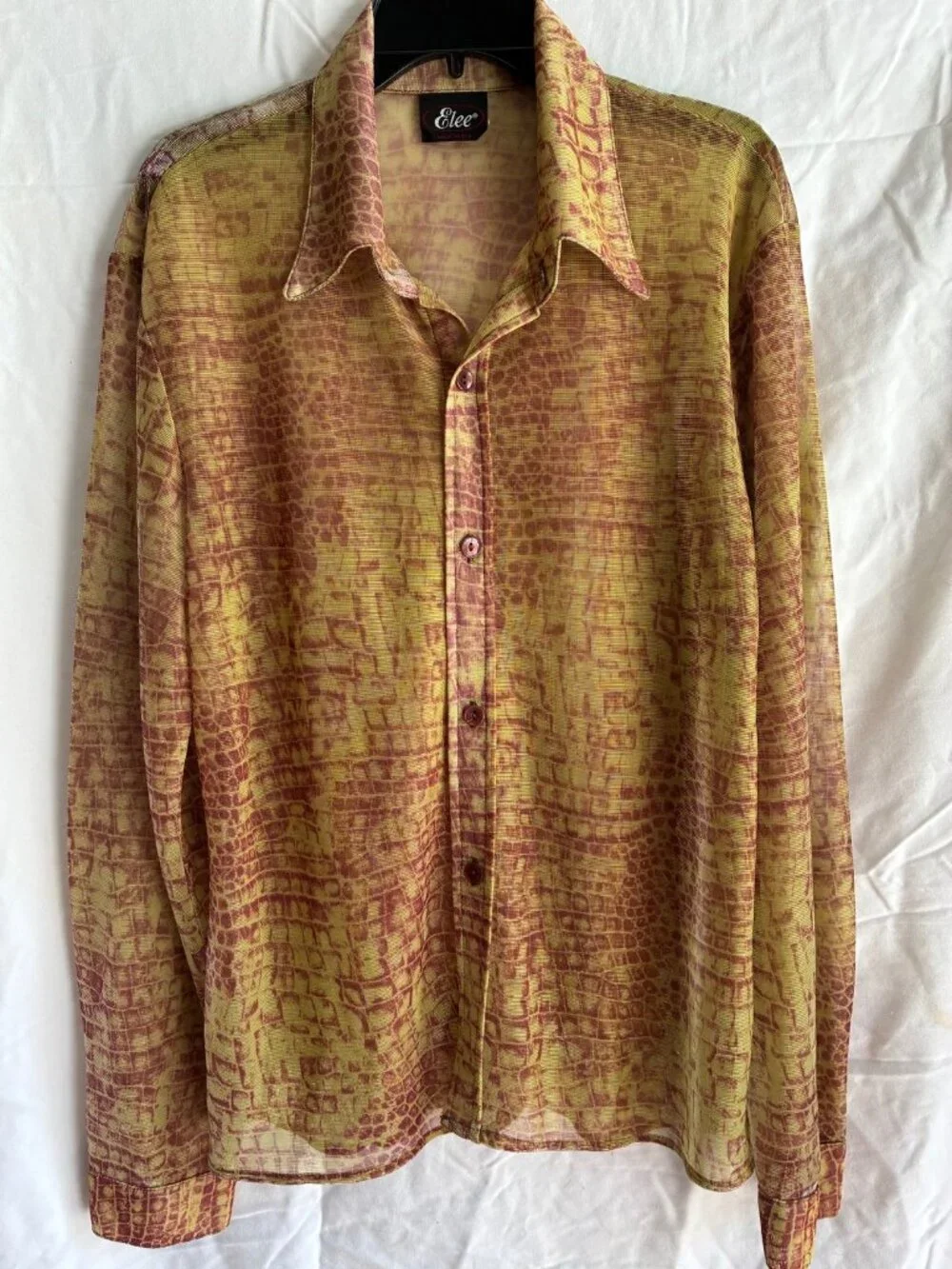 Vintage ELEE Men Sheer Button down Long Sleeve crocodile skin style print LG
